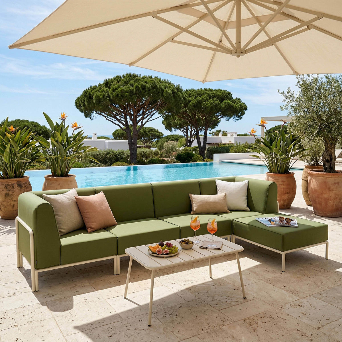GARTENSOFA mit 5 Sitzplätzen, Khakigrün - Grün, Textil (288/78/80cm) - Oviala