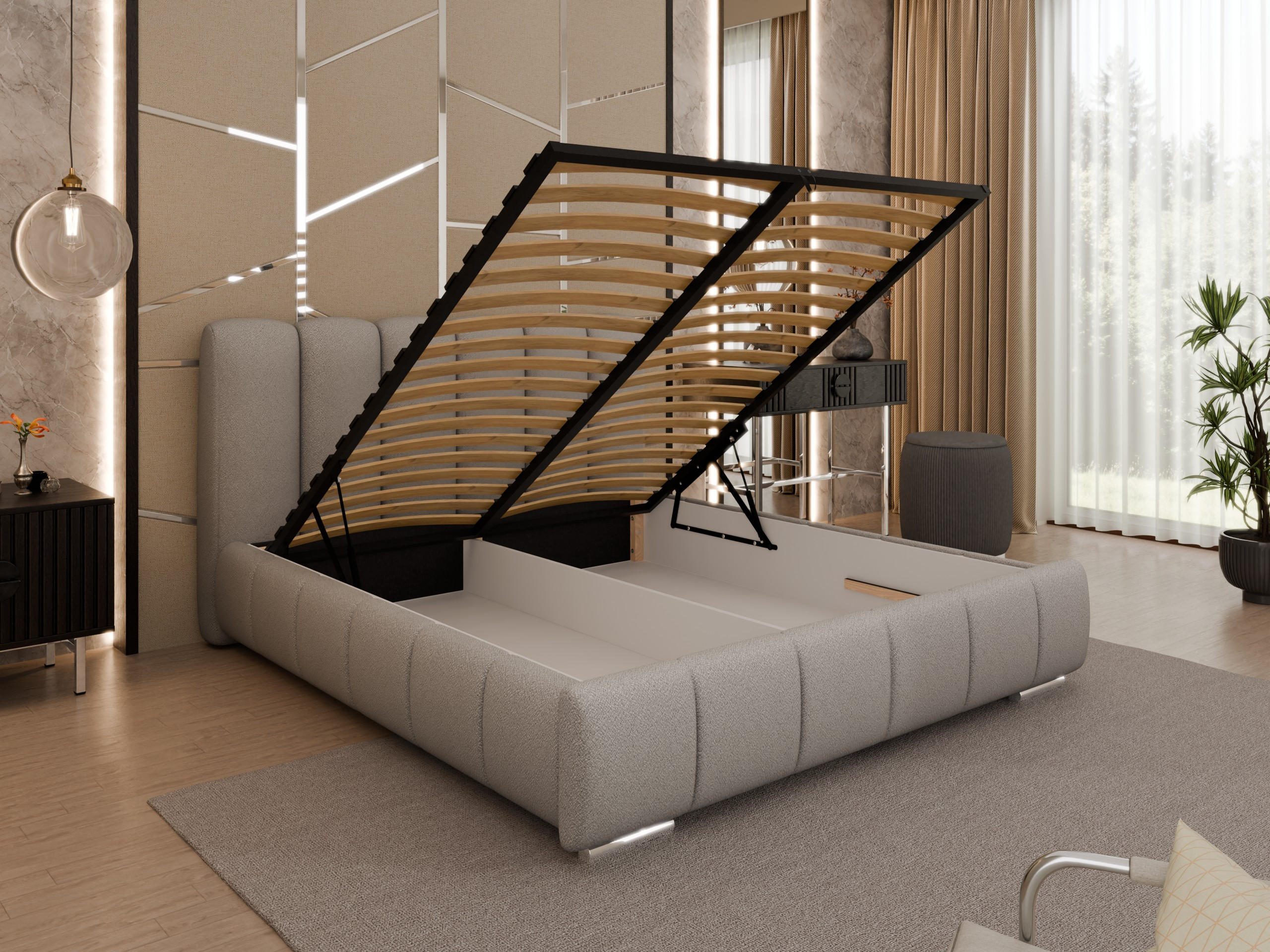 POLSTERBETT ZAIRA 160 x 200 cm mit Bettkasten und Lattenrost, 7-Zonen-Taschenfederkernmatratze CIRA (24 cm) – Hellgrau - Grau, Holz (160/200cm) - Panda Möbel