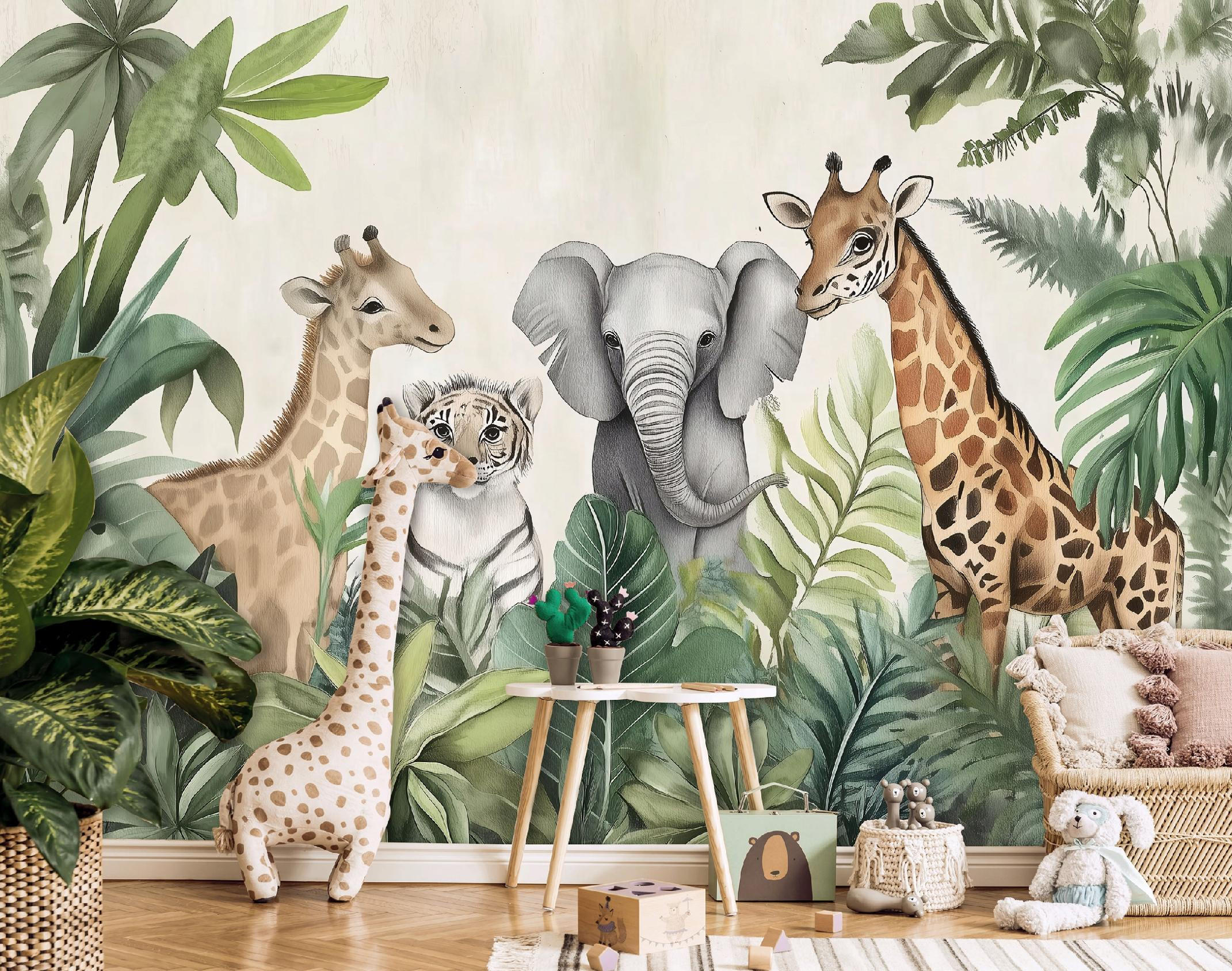 FOTOTAPETE Kinderzimmer Dschungel Tiere 400x280 - Multicolor, Papier (400/280cm) - Wallarena