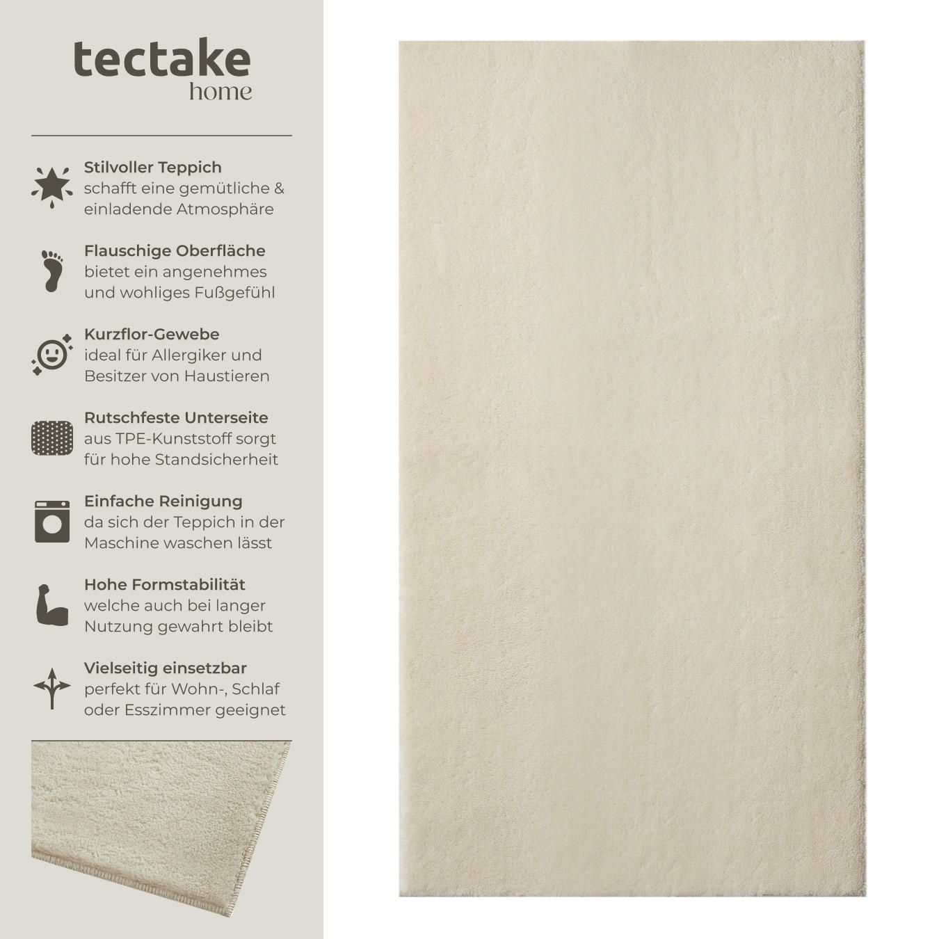 KURZFLORTEPPICH Soft Zone,rutschfeste Unterseite,beige - Beige, Kunststoff (110/60cm) - tectake
