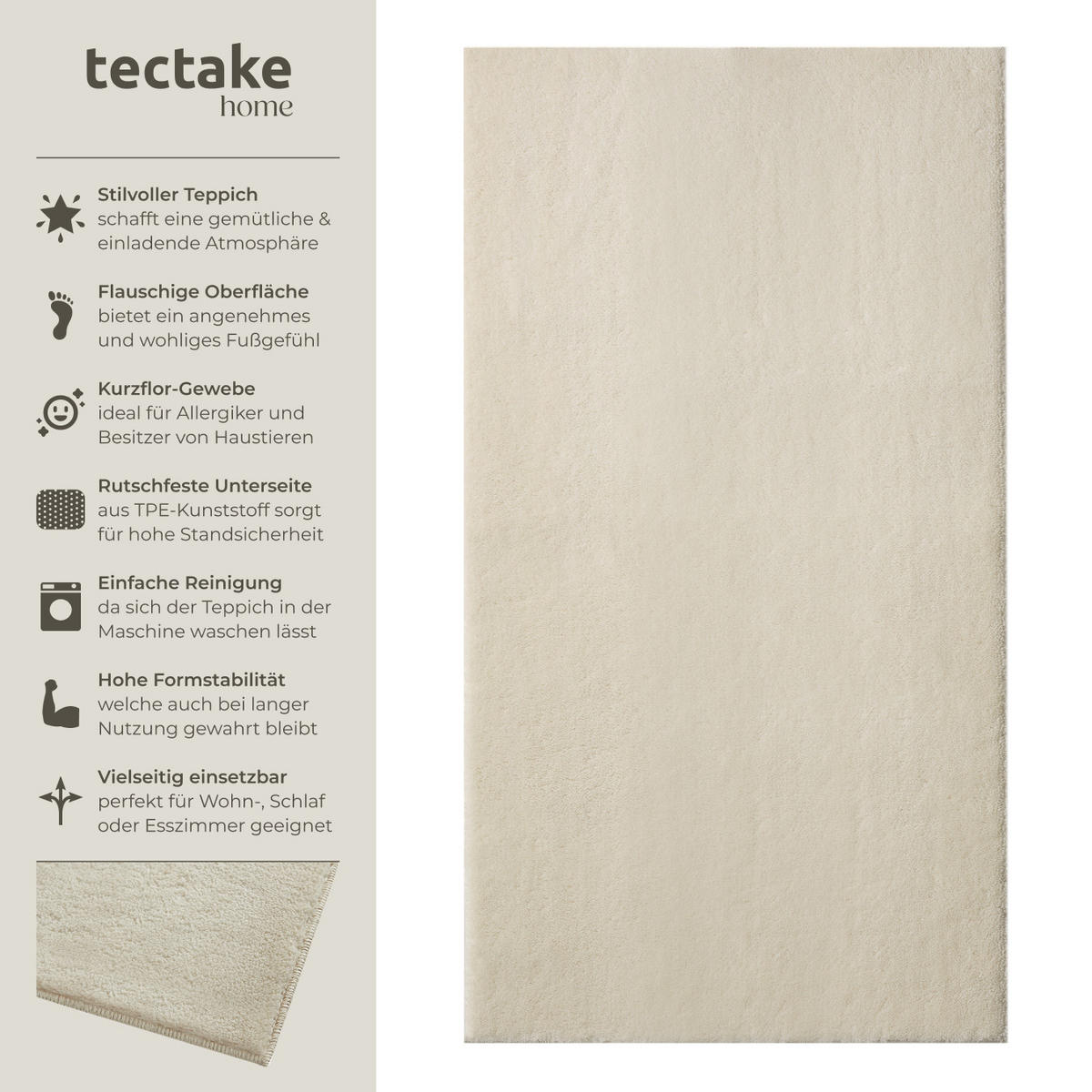 KURZFLORTEPPICH Soft Zone,rutschfeste Unterseite,beige - Beige, Kunststoff (110/60cm) - tectake