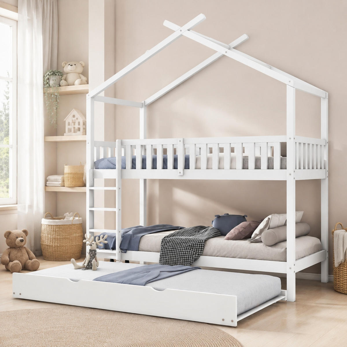 ETAGENBETT 90/200 mit Ausziehbett und drei Liegeflächen in Weiß - Weiß, Holzwerkstoff (90/200cm) - EVRYAE