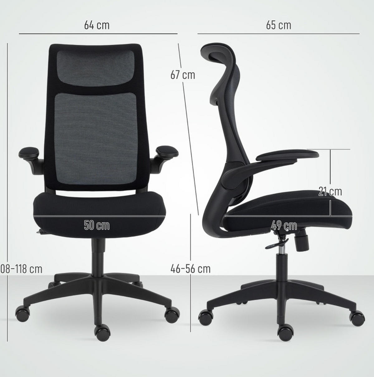 DREHSTUHL 64/65/108–118 cm, ergonomisch mit Netzrücken, 11 cm Polster, 3D-Armlehnen, Schwarz - Schwarz, Kunststoff (64/118/65cm) - Redom