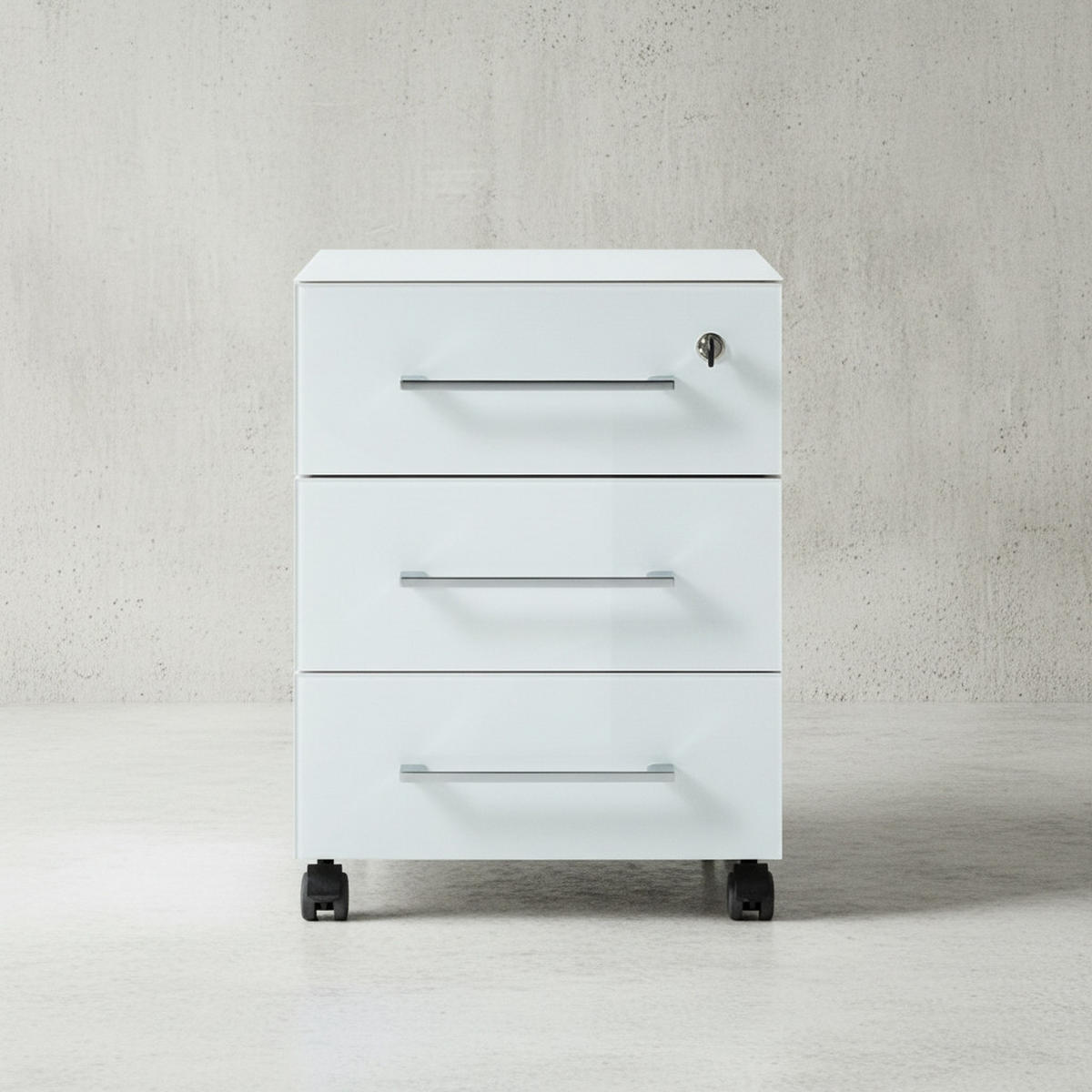ROLLCONTAINER Glasfront 3 Schubladen Soft-Close & Abschließbar, Serie "Muenchen" Weiß - Weiß, Holzwerkstoff/Metall (40/55/50cm) - KADIMA DESIGN