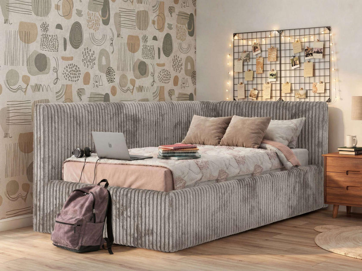 POLSTERBETT TILVO 90/200 - Hellbraun Cord - Schaumstoffmatratze - Rechts - Hellbraun, Textil (200/90cm) - MKS