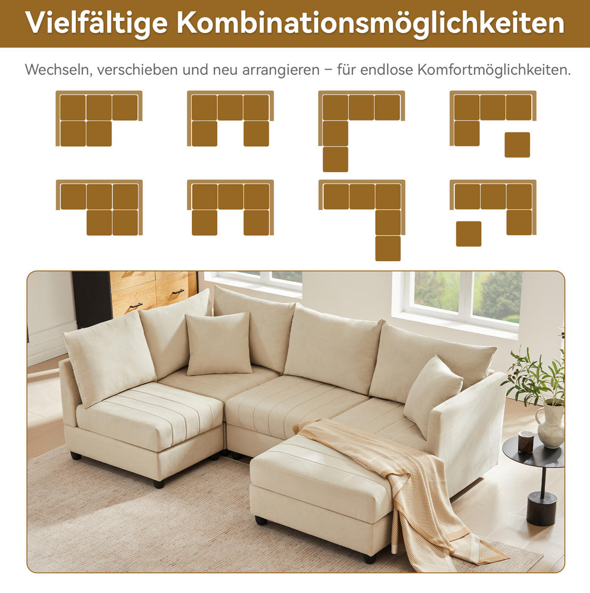 ECKSOFA 220/194/85 cm mit beweglichem Fußhocker, modularer U- und L-Form, aus Baumwoll-Leinenstoff, Beige - Beige, Textil (220/194cm) - Redom
