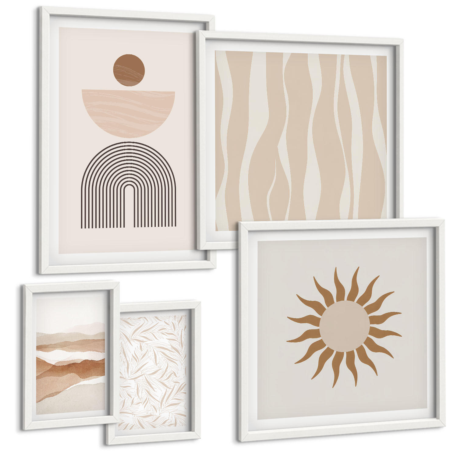 BILDER SET 5er Set - 50x50 cm & 20x30 cm & 40x60 cm Weißer Rahmen - Abstrakte Landschafts- und Naturgeometrie - Weiß, Kunststoff (40/60cm) - TULUP