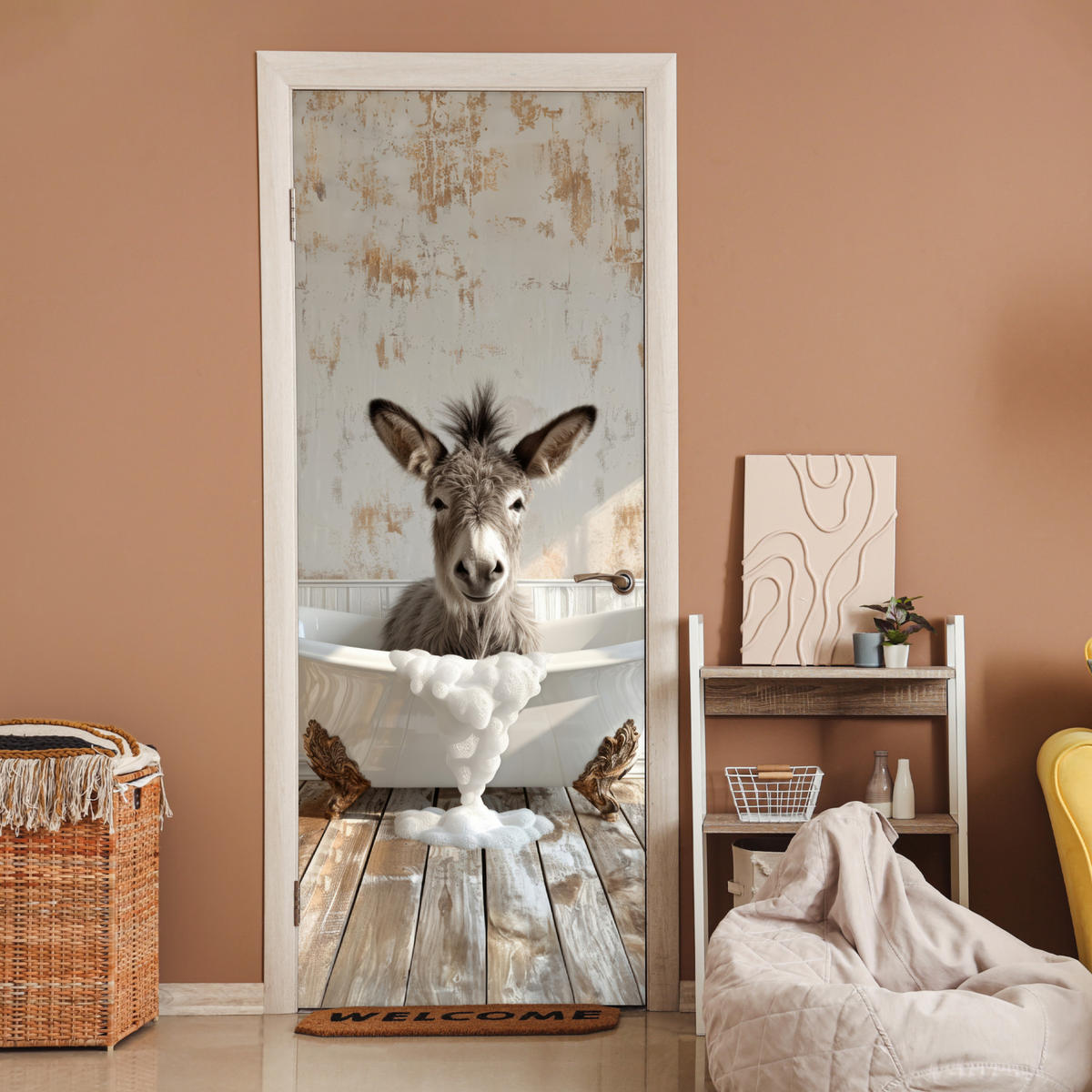 TÜRAUFKLEBER Selbstklebend - Esel - Tier - Vintage - Badewanne 95x235 cm - Türtapete - Eukalyptusholzfarben, Kunststoff (95/0.1cm) - MuchoWow