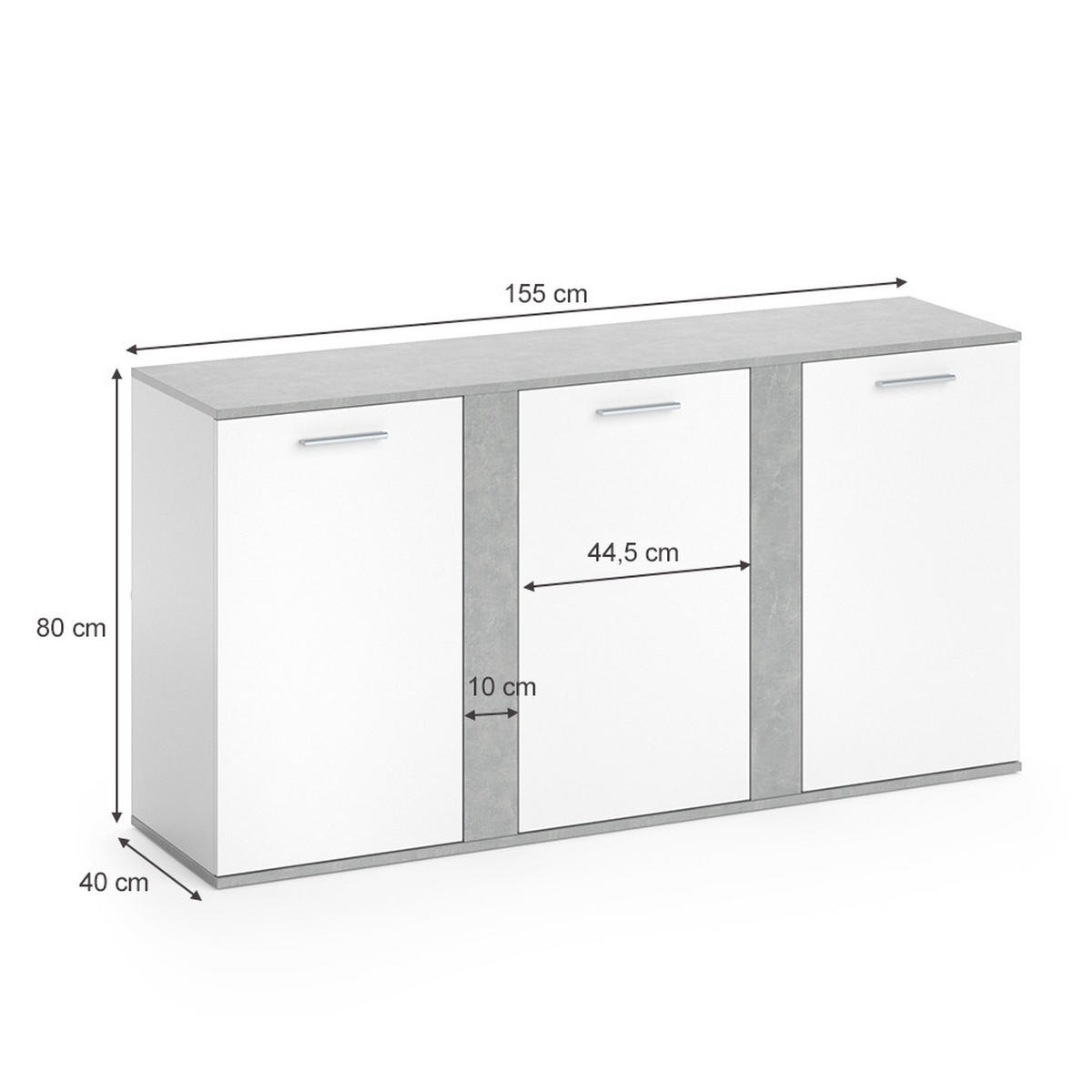 KOMMODE Novelli Beton 155 x 80 cm mit Türen - Grau, Holzwerkstoff (40/80/155cm) - Vicco