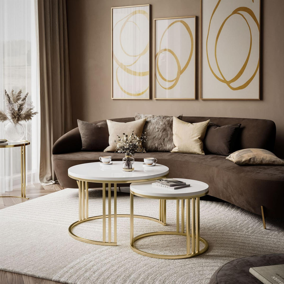 COUCHTISCH 2in1 LORI Hochglanz Gold gebürstet, gebürstetes Gold / weißer Glanz - Weiß, Metall (70/70/49cm) - Lookway