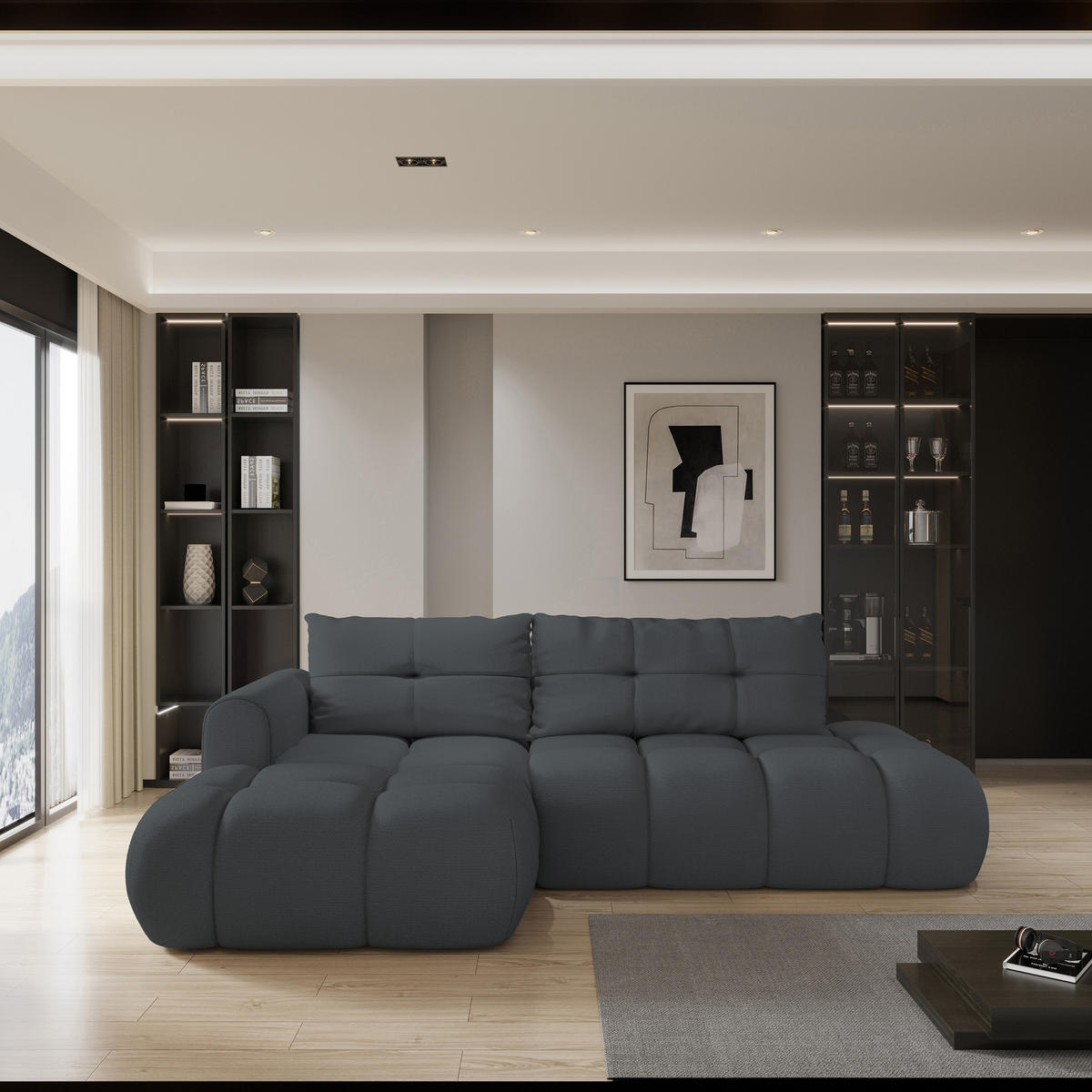 ECKSOFA FLUMA L-S Graphitfarben Geflochtener Stoff mit Schlaffunktion - Graphitfarben, Holz (274/165cm) - MASSENO