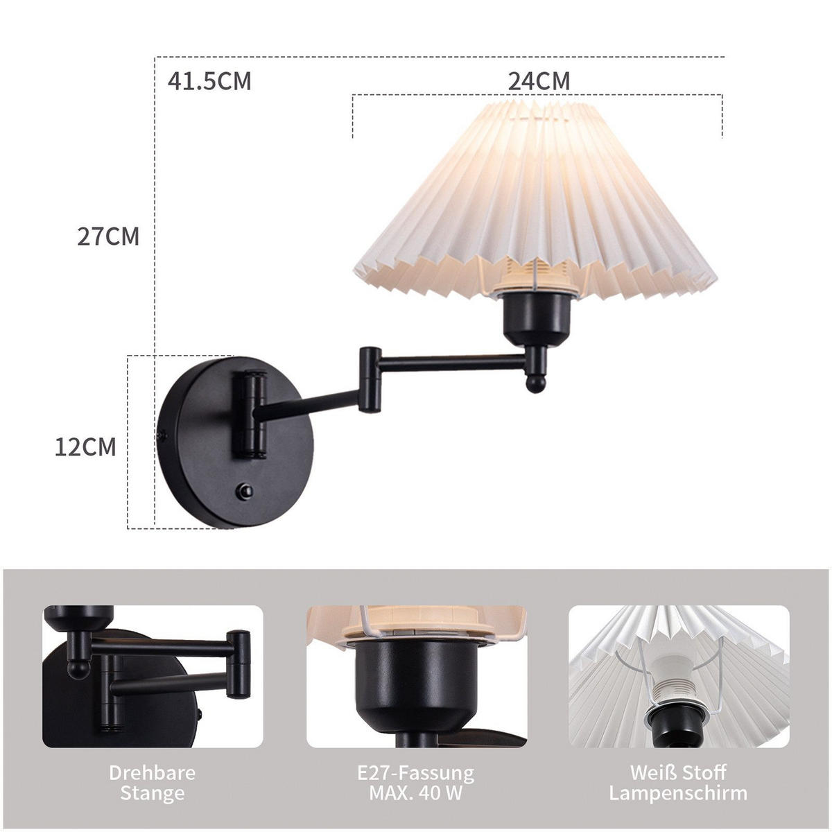 WANDLEUCHTE Nickel 41.5/27/42 cm - Weiß, Metall (27/42/41.5cm) - ZMH