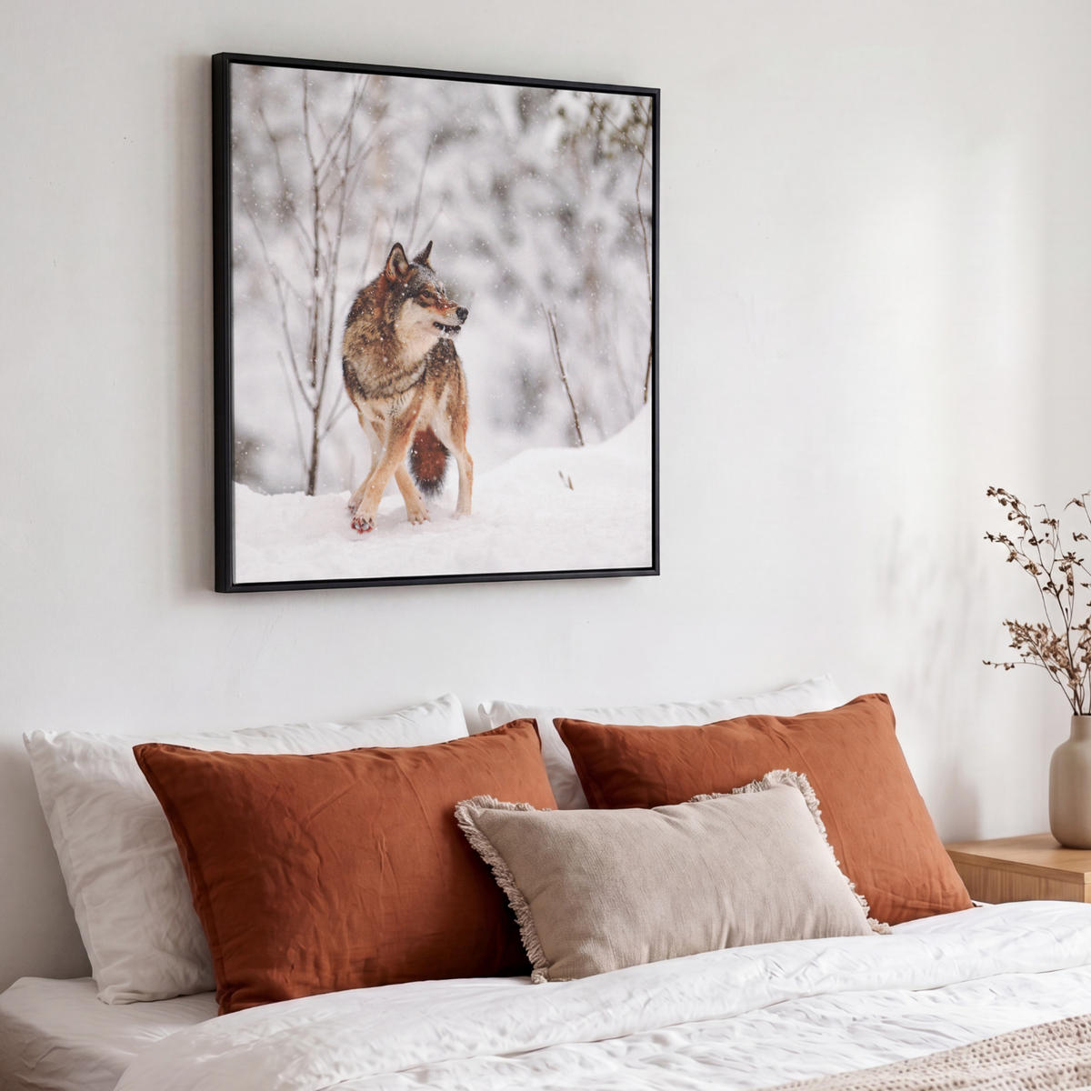 LEINWAND Bilder mit Rahmen - Wolf - Winter - Schnee - Natur - Tiere - 50x50 - Haselnussfarben, Textil (50/50cm) - MuchoWow