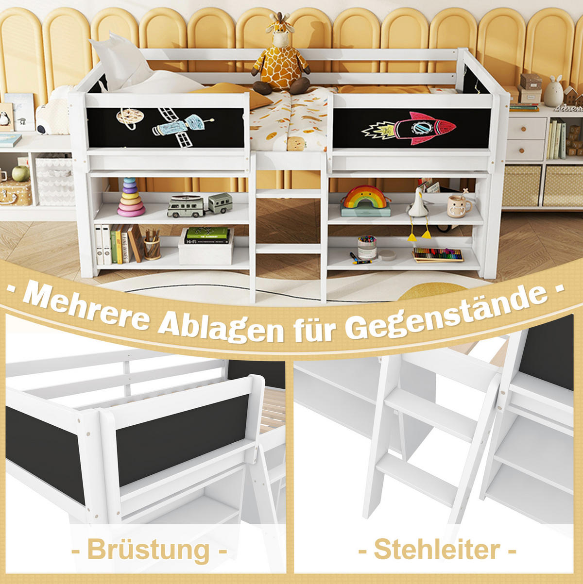 HOCHBETT 90/200 cm Weiß aus Kiefernholz und MDF mit Stauraum - Weiß, Holz (90/200cm) - OKMYHOME