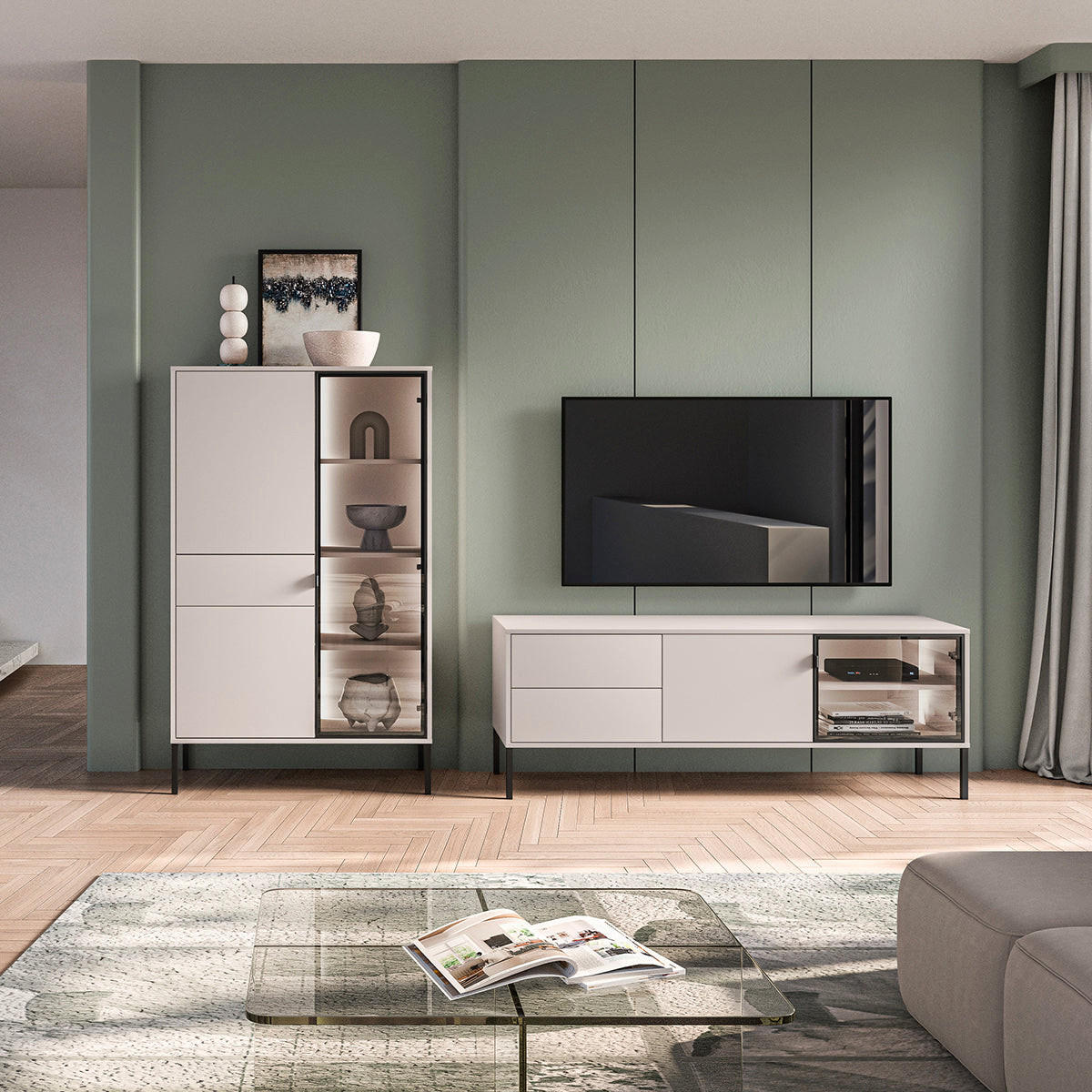 TV STOLÍK Paige Kašmír a čierna - béžová, kompozitné drevo (160/59/40cm) - Petits-meubles