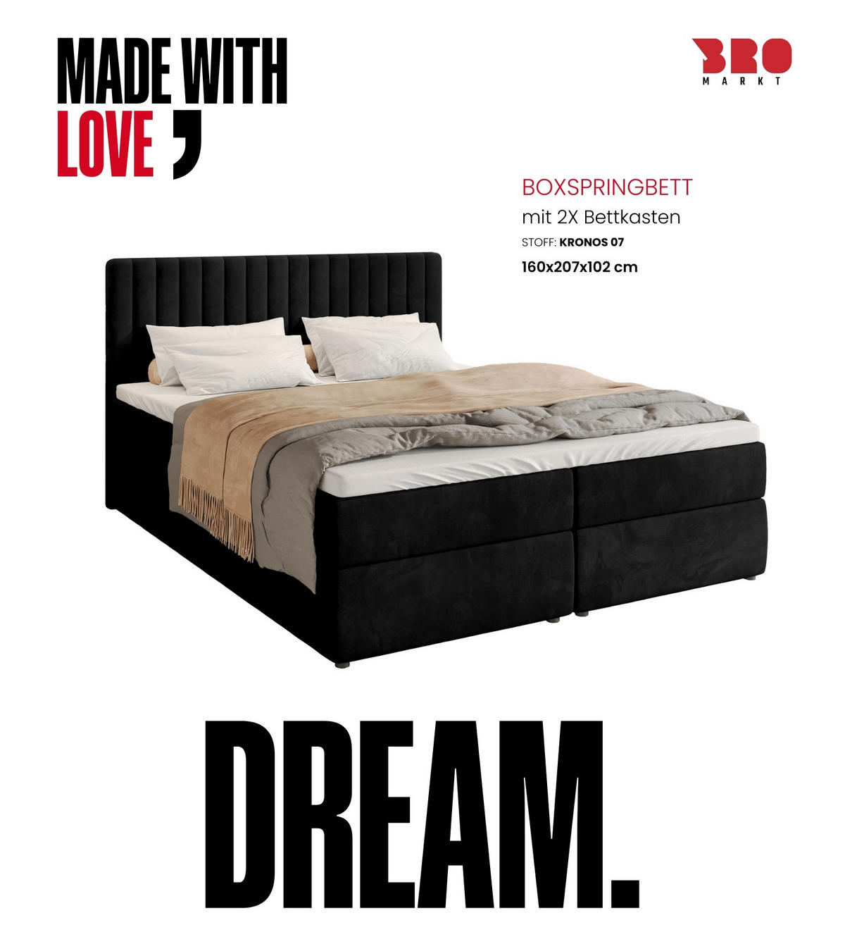 BOXBETT Dream mit Topper 160/200 Schwarz - Schwarz, Holzwerkstoff/Textil (160/200cm) - Bromarkt