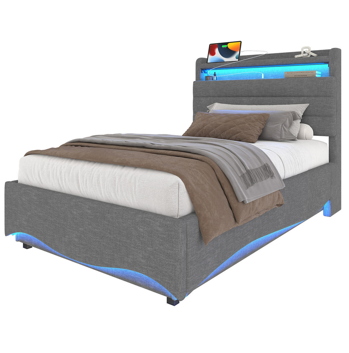 ČALÚNENÁ posteľ z ľanovej tkaniny 90x200 cm sivá s LED osvetlením, hydraulickým úložným priestorom a USB-C - sivá, textil (90/200cm) - Modfu