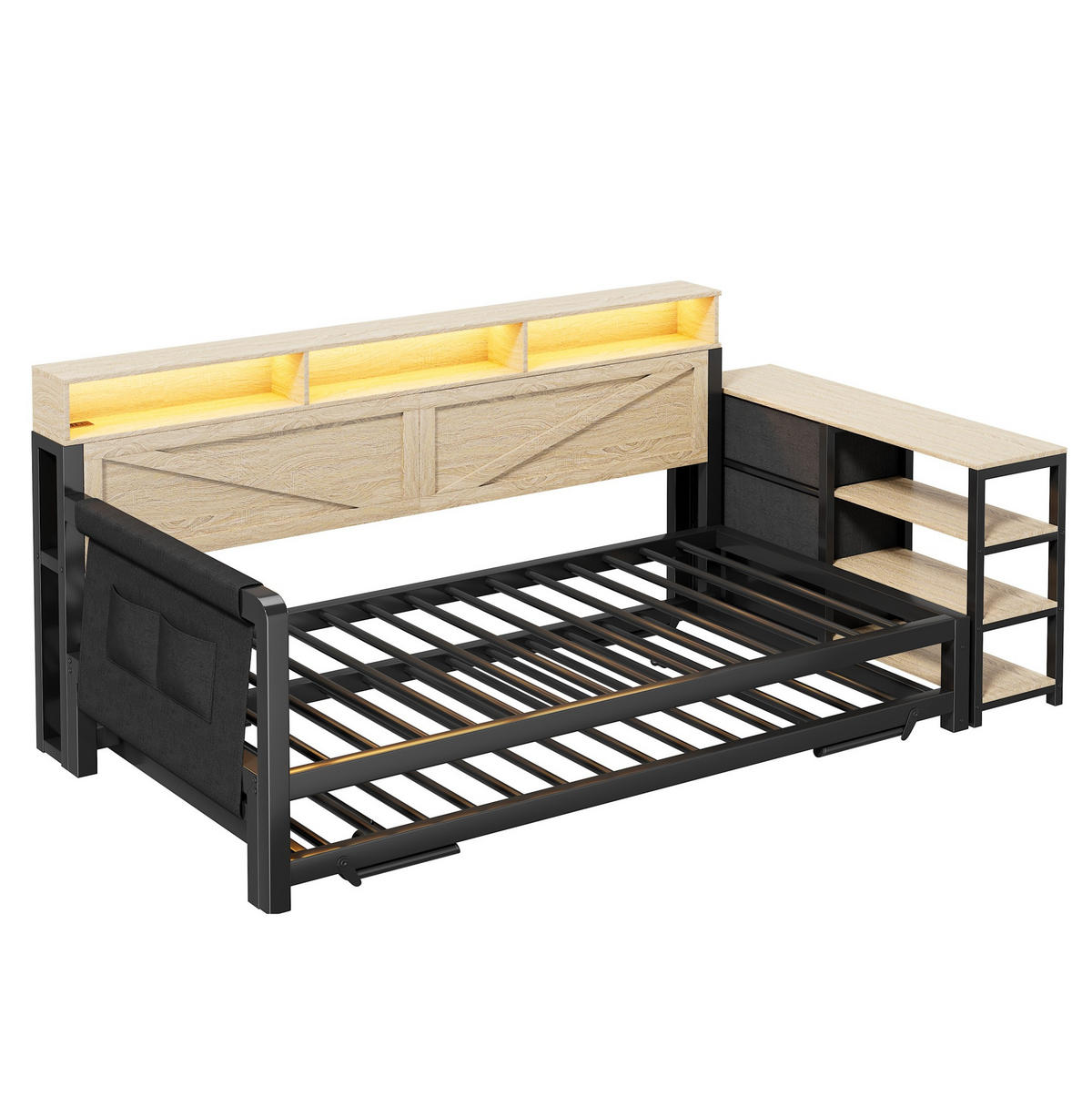 METALLBETT 90/200 cm mit Ausziehbett, Stauraum, LED und USB in Schwarz - Schwarz, Holzwerkstoff (90/200cm) - BEAOK