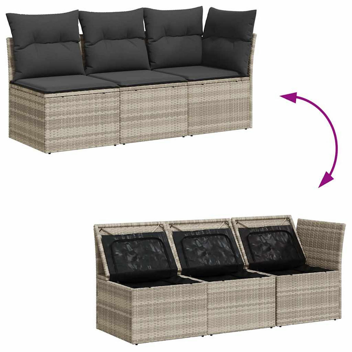 GARTENSOFA Mit Kissen 3-Sitzer Hellgrau Poly Rattan - Grau, Kunststoff (172/69/62cm) - vidaXL
