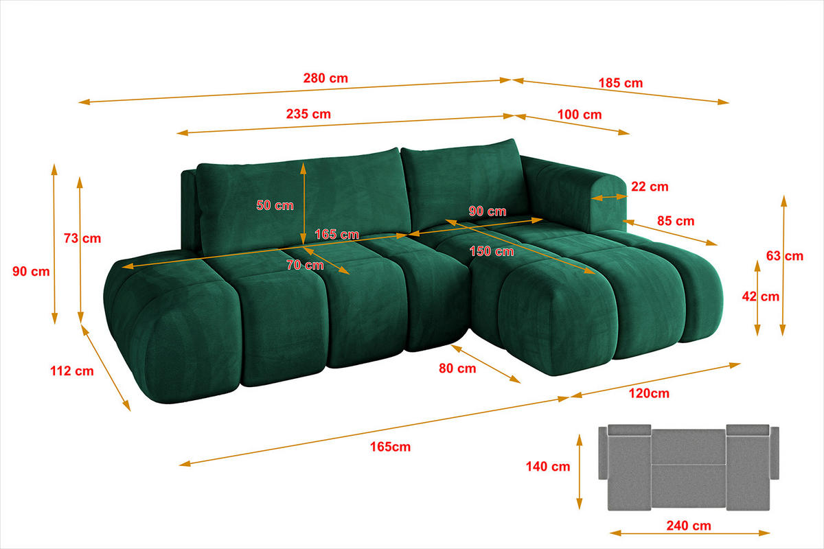 ECKSOFA Ottomane Rechts CLOUD-L 280x185x90 Dunkelgrün Velours - Dunkelgrün, Holzwerkstoff/Kunststoff (185/280cm) - ALTDECOR