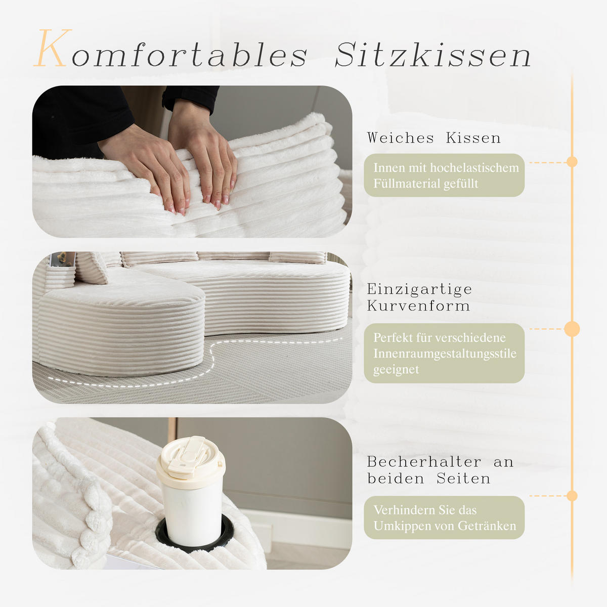ECKSOFA 250/152/82 cm Beige mit Becherhalter und Stautasche - Beige, Textil (250/152cm) - Oxeza