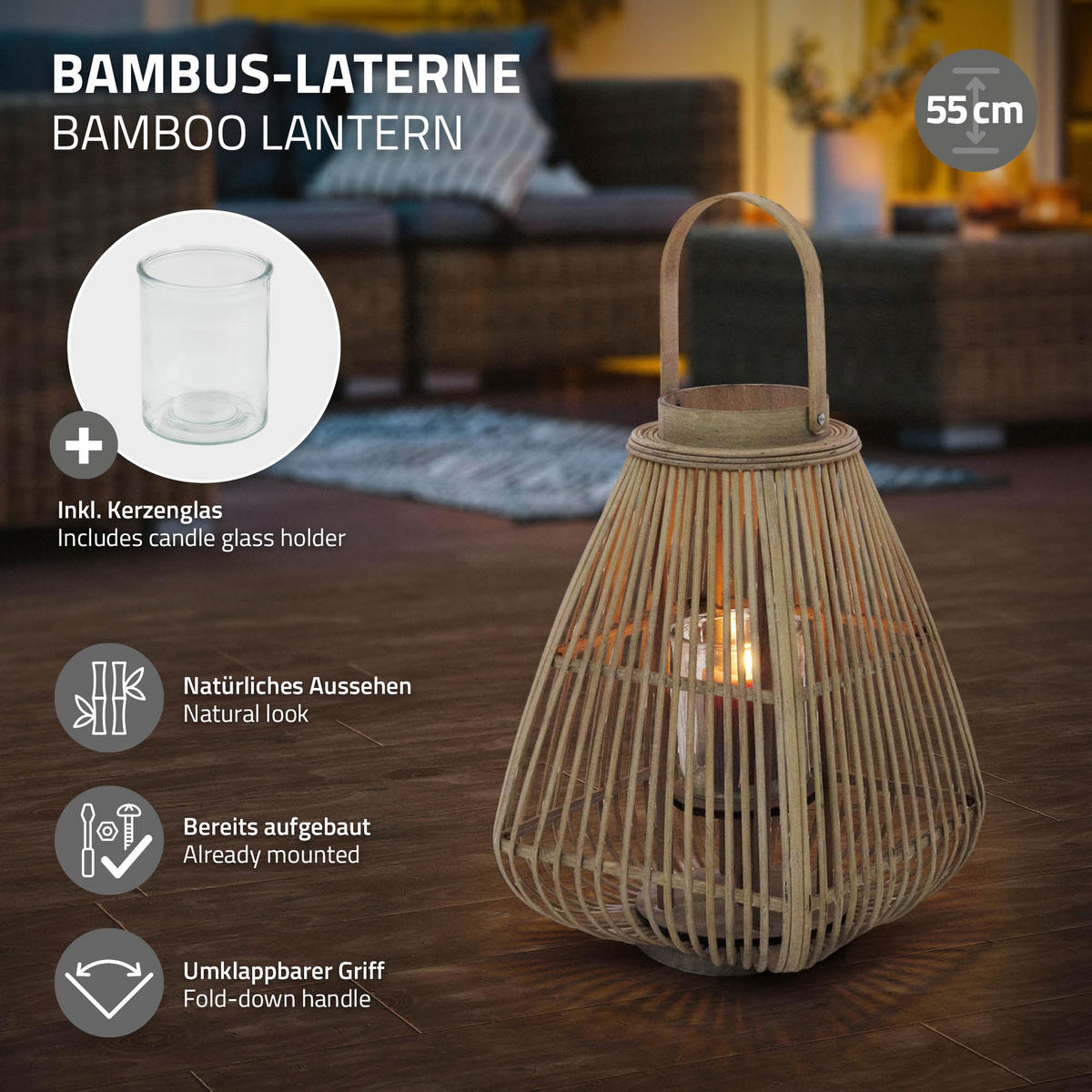 BAMBUSOVÁ LAMPION V: 55 cm, dřevěná barva, styl boho - přírodní, dřevo (28/55/28cm) - ECD-Germany
