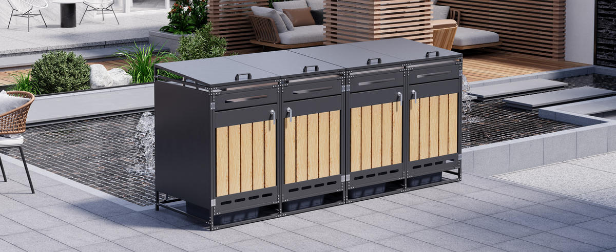 MÜLLTONNENBOX 4er Set Hydraulik Deckel Holzoptik Schloss - Schwarz, Metall (262/116/79cm) - LEBENLANG