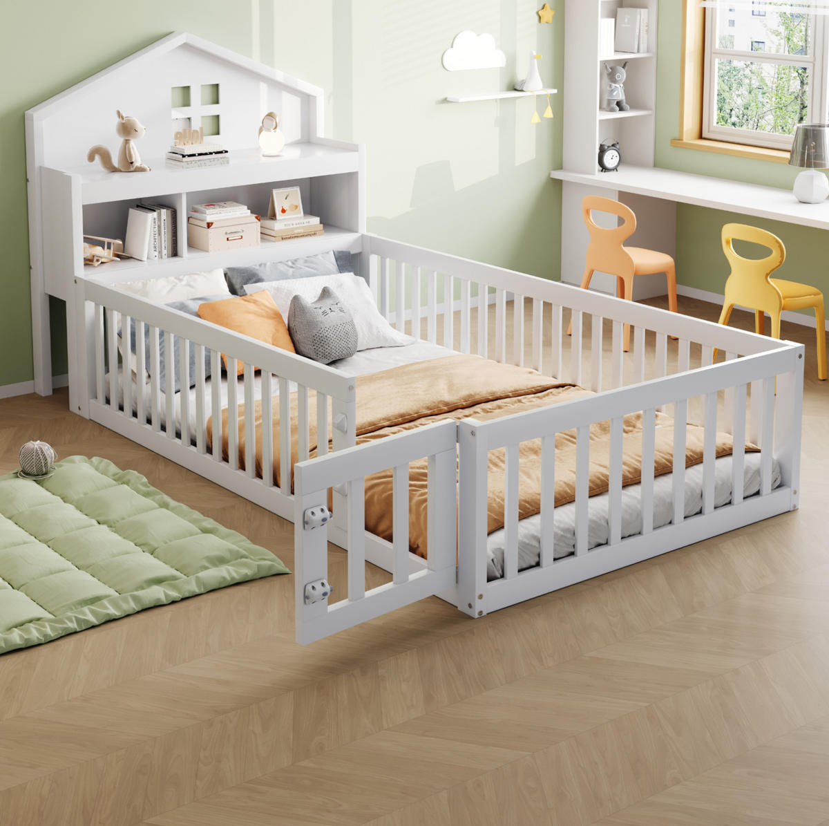 KINDERBETT 90/200 cm in Hausform aus Massivholz mit Stauraum und Schutzgitter - Weiß, Holzwerkstoff (90/200cm) - BEAOK