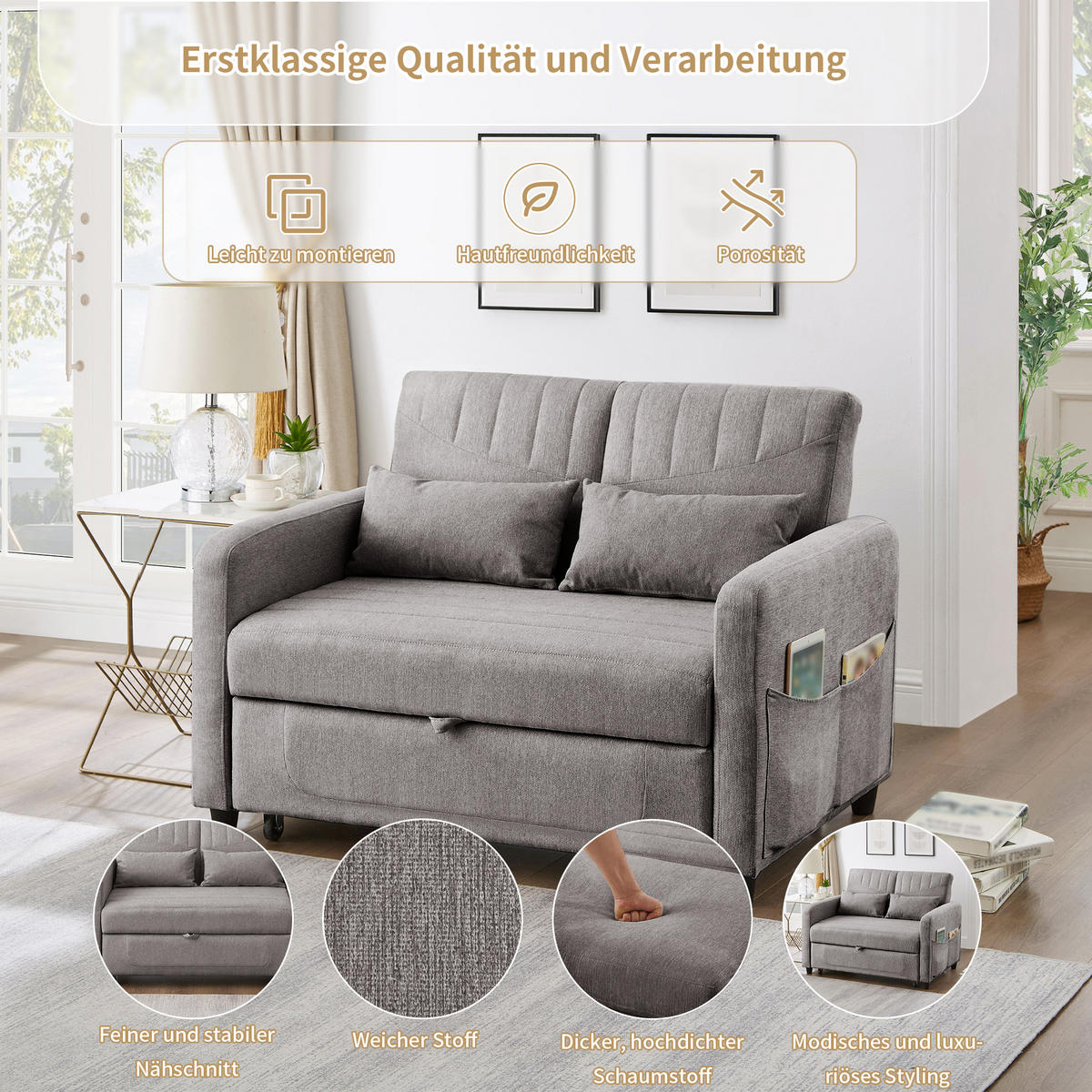 SCHLAFSOFA Baumwoll-Leinen mit Ausziehfunktion und verstellbarer Rückenlehne Grau 114/77/82,5 cm - Grau, Textil (77/82.5/114cm) - Redom