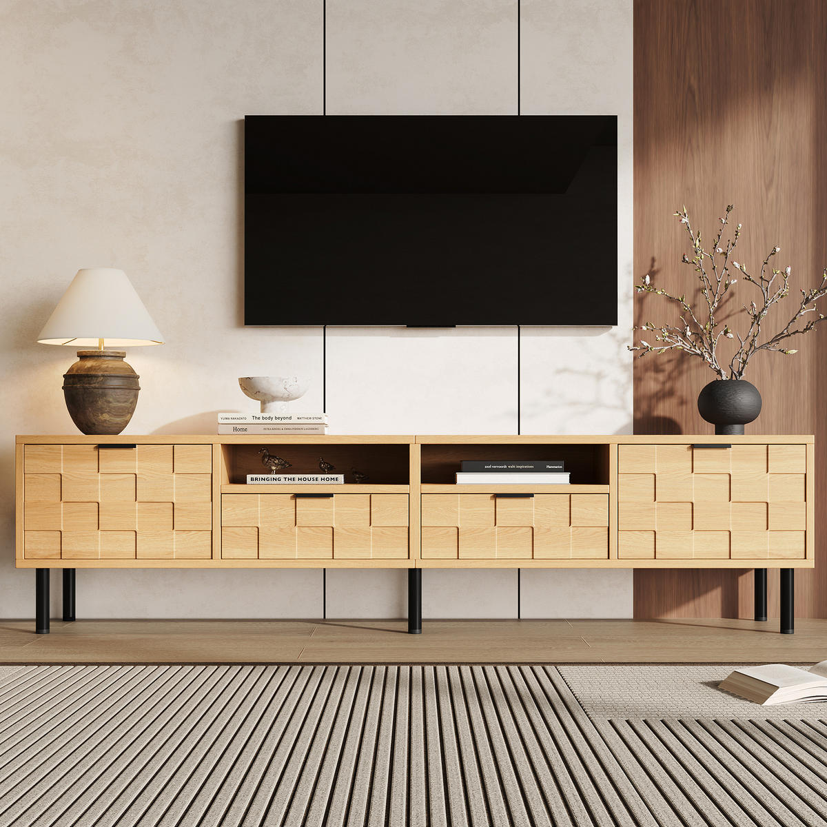 TV STOLEK v přírodní barvě se 2 zásuvkami a 2 otočnými dvířky do obývacího pokoje, 200×35×44,5 cm - přírodní/černá, kompozitní dřevo (200/44.5/35cm) - STILVORA