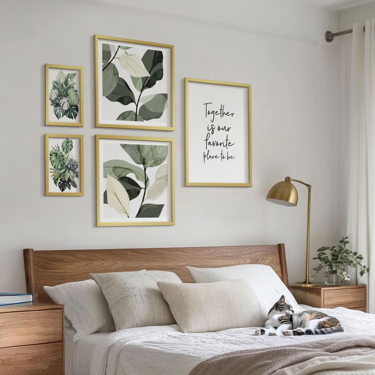 BILDER SET 5er Set - 50x50 cm & 20x30 cm & 40x60 cm Goldrahmen - Dekoration aus grünen tropischen Blättern - Goldfarben, Kunststoff (40/60cm) - TULUP