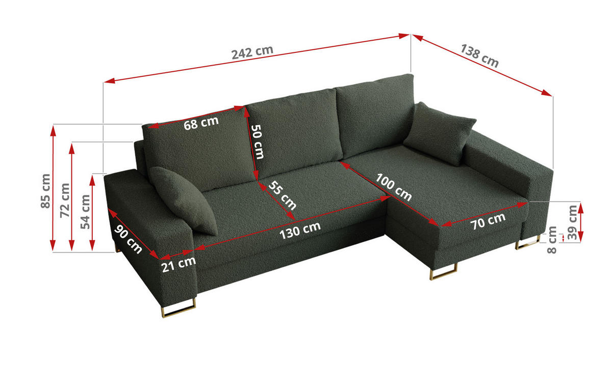 ECKSOFA Dorian Boucle Grün - Goldfarben/Grün, Textil/Metall (242/138cm) - MKS