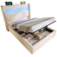 POLSTERBETT 90/200 cm mit Bettkasten, LED & USB/Type-C, inkl. Matratze - Beige, Textil (90/200cm) - BEAOK
