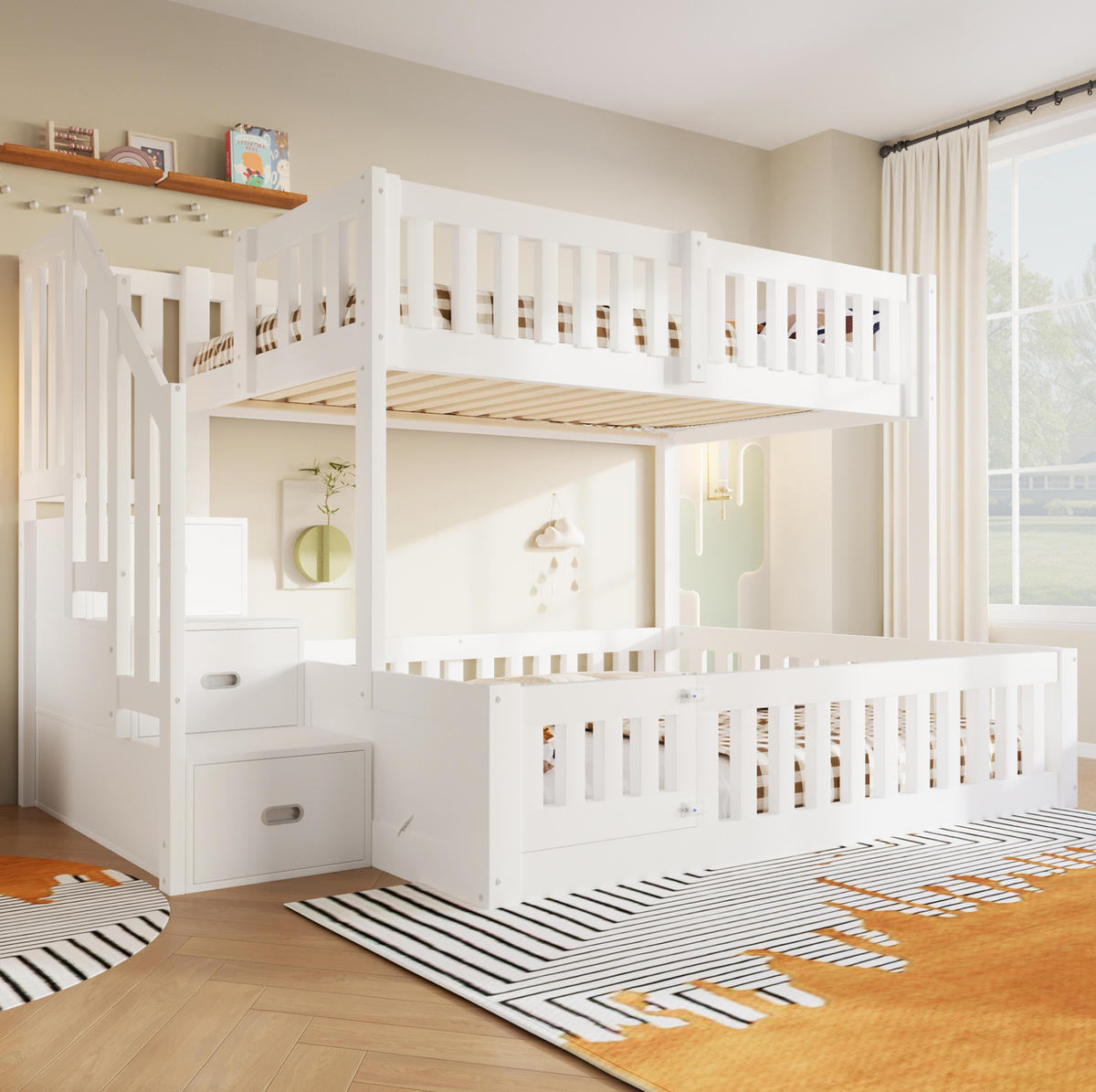 ETAGENBETT aus Kiefernholz und MDF 90x200/140x200 cm Weiß mit Stauraumtreppe - Weiß, Holzwerkstoff (90/200cm) - Modfu