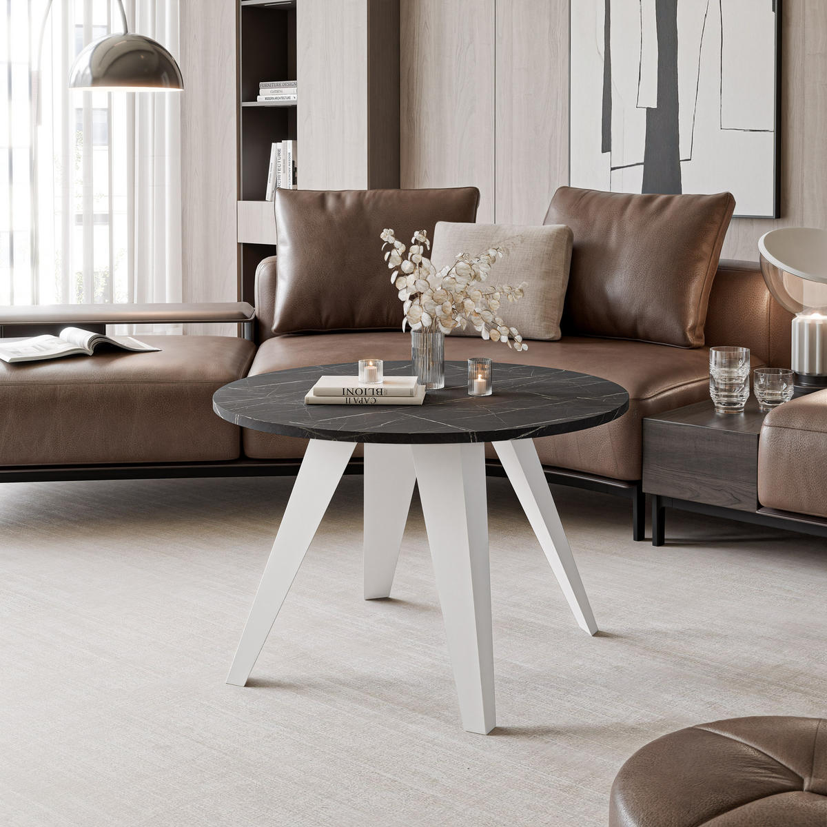 COUCHTISCH FRESCO 75/50 cm runden, Weiß / Grigia Pietra (Steingrau) - Weiß/Grau, Metall (75/75/50cm) - Idohome