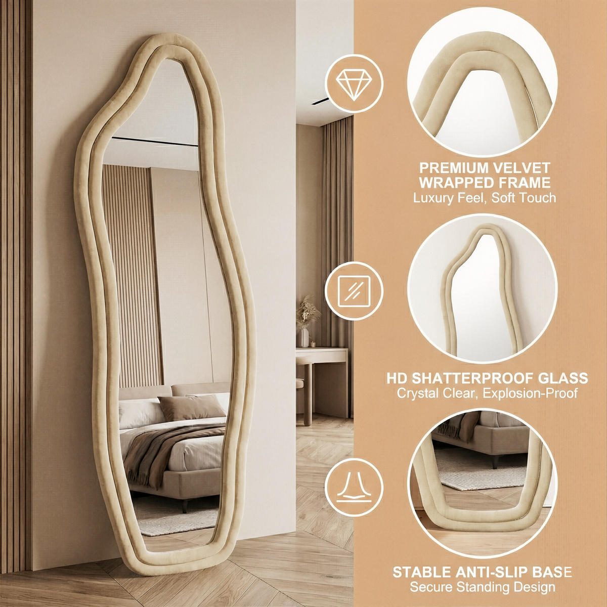 GANZKÖRPERSPIEGEL Wellen-Design mit U-Standfuß & Scharnier 140/45 cm Champagner-Gold - Goldfarben, Glas/Holzwerkstoff (45/140/3cm) - Creahappy