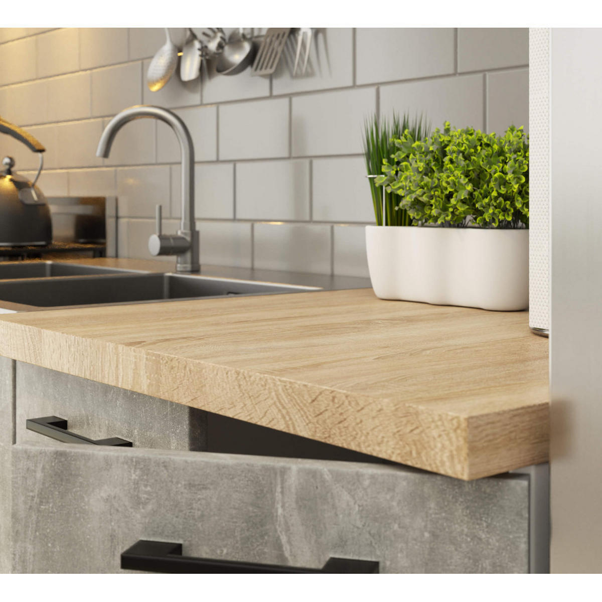 KUCHYŇSKÝ BLOK Bílá, Beton 203/300/46 - bílá, kompozitní dřevo (300/203/46cm) - RAUMHIRSCH FURNITURE