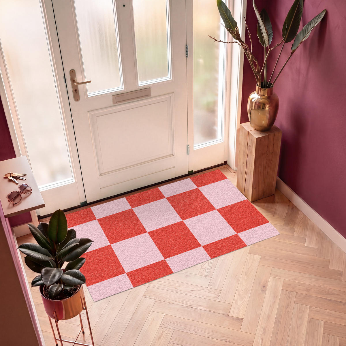 FUSSMATTE Schachbrettmuster - Rot - Rosa - Würfel Türmatte 150x90 cm - Rot, Kunststoff (150/90cm) - MuchoWow