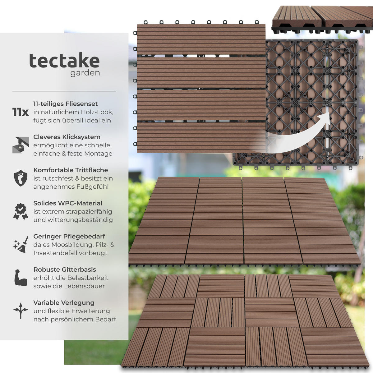 TERRASSENFLIESEN Tegulas,31 x 31 x 2,2 cm,braun - Braun, Kunststoff (31/31/2.2cm) - tectake