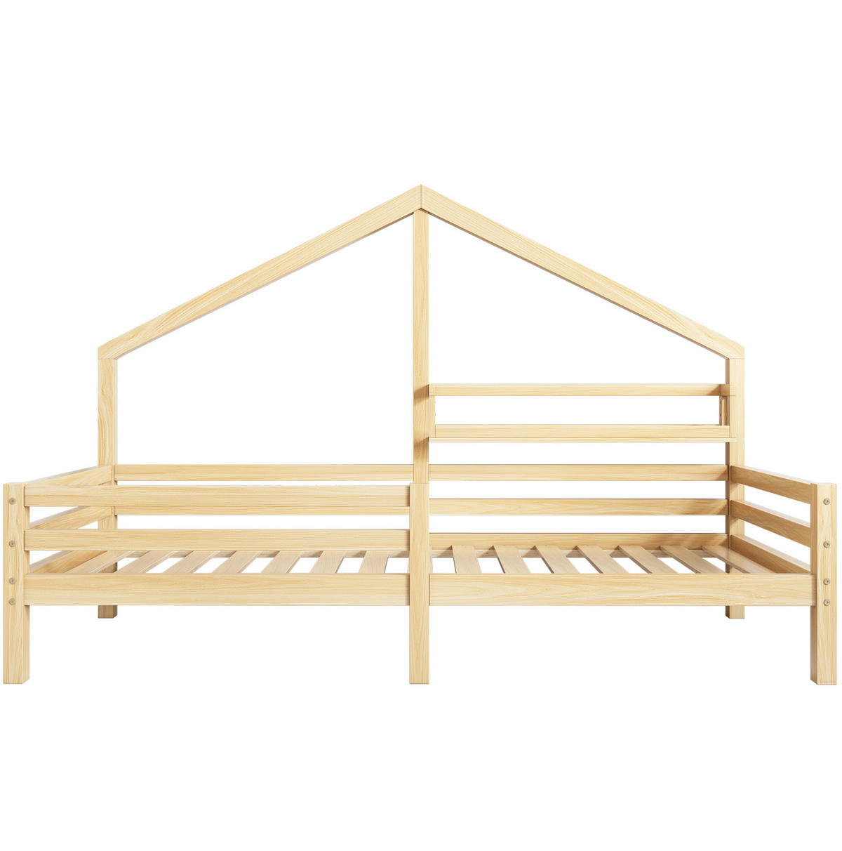 HAUSBETT 90/200 cm Natur Kiefernholz mit Ablageregal skandinavischer Stil - Naturfarben, Holzwerkstoff (90/200cm) - OKWISH