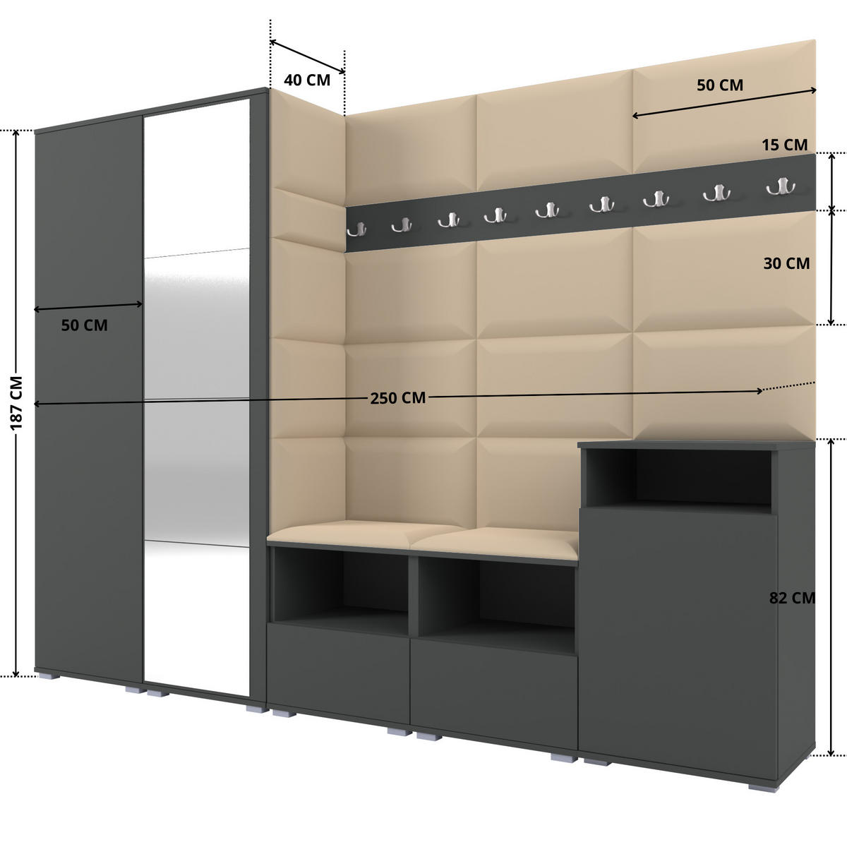 GARDEROBE NELA VIII 250 cm (Modulare Flurmöbel Graphit mit Spiegel & Sitzpolster Beige 04 Set XL) - Beige/Silberfarben, Holz/Holzwerkstoff (250/187/40cm) - Ravio