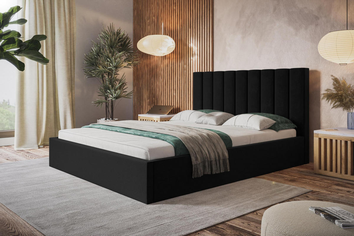 BETT 160x200 - Polsterbett mit Bettkasten und Holzrahmen - Modern Betten - Weicher Jasminstoff - Kollektion Sapporo - Schwarz - Schwarz, Holz/Textil (160/200cm) - Alpi-Möbel