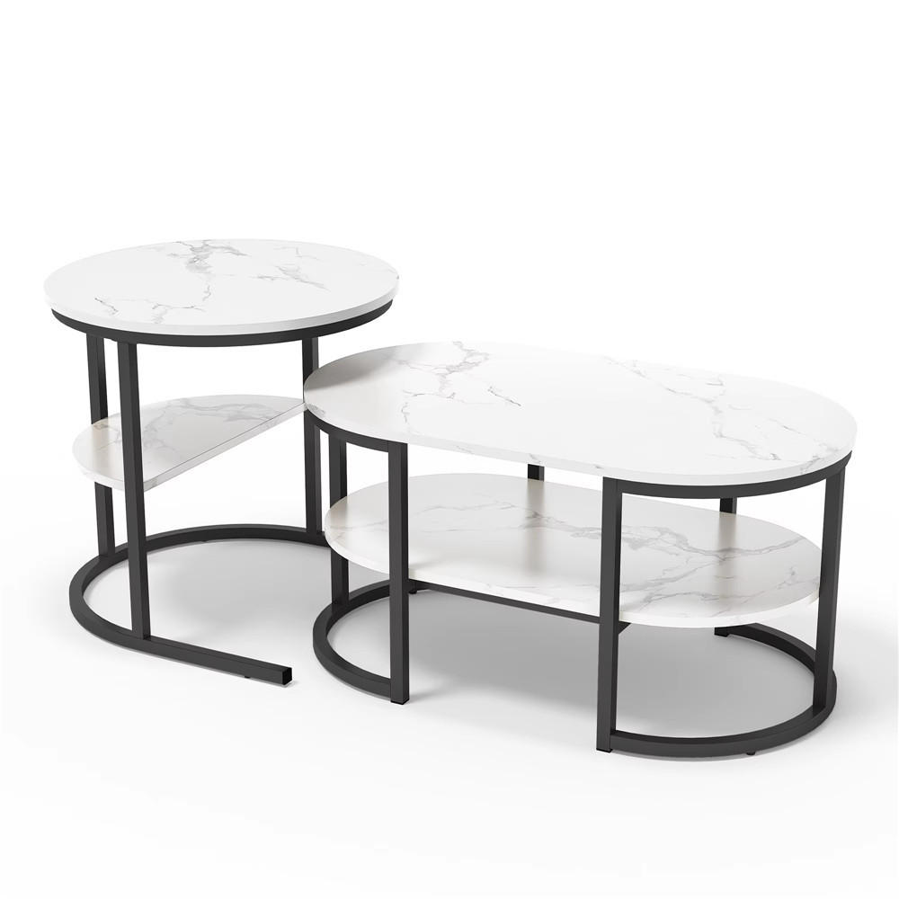 COUCHTISCH 2er-Set Marmoroptik mit Ablage Schwarz oval modern - Schwarz, Metall (52/52/51cm) - Kaket