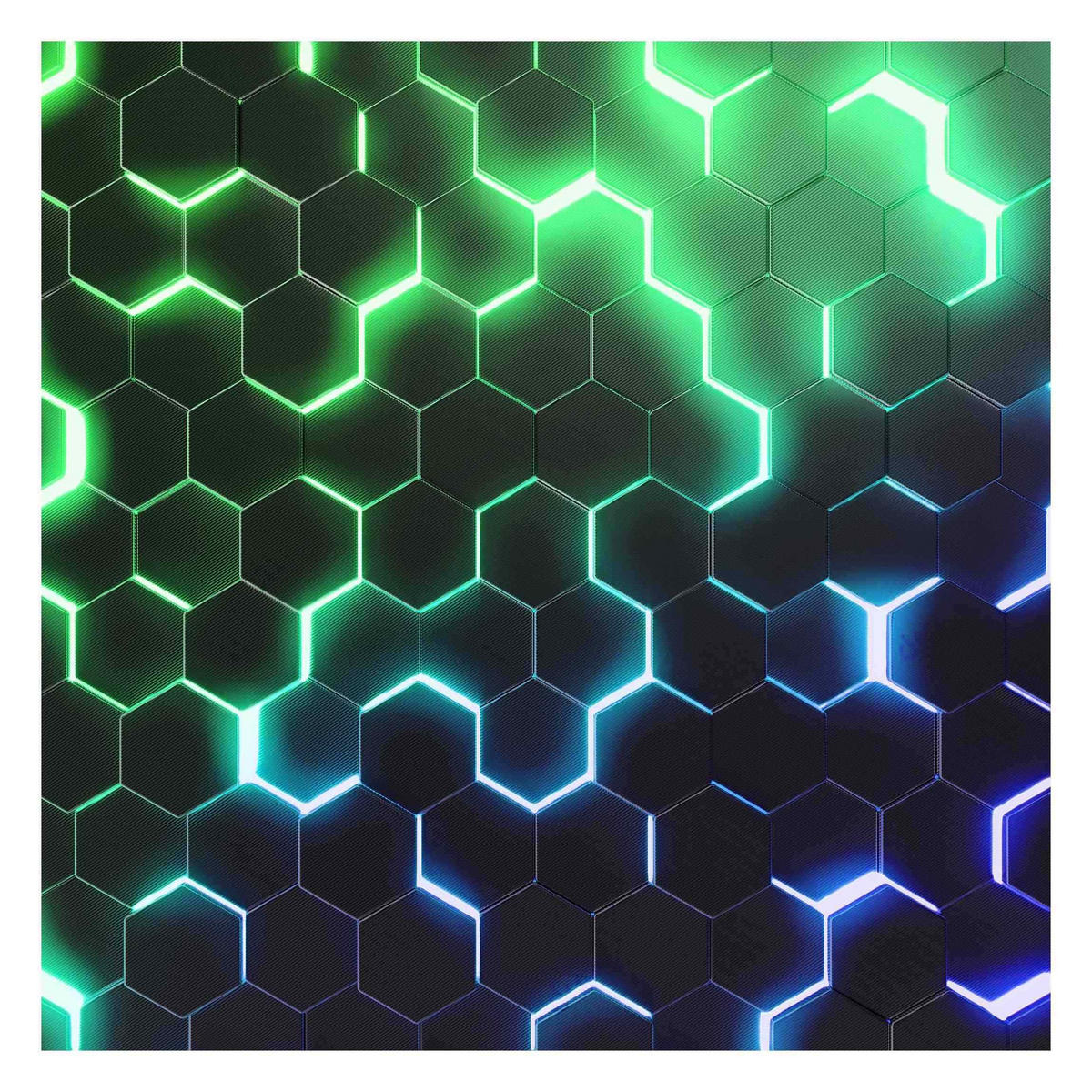 FOTOTAPETE Strukturierte Hexagone mit Neonlicht in Grün und Blau 288/288 cm - Schwarz, Papier (288/288cm) - Bilderwelten