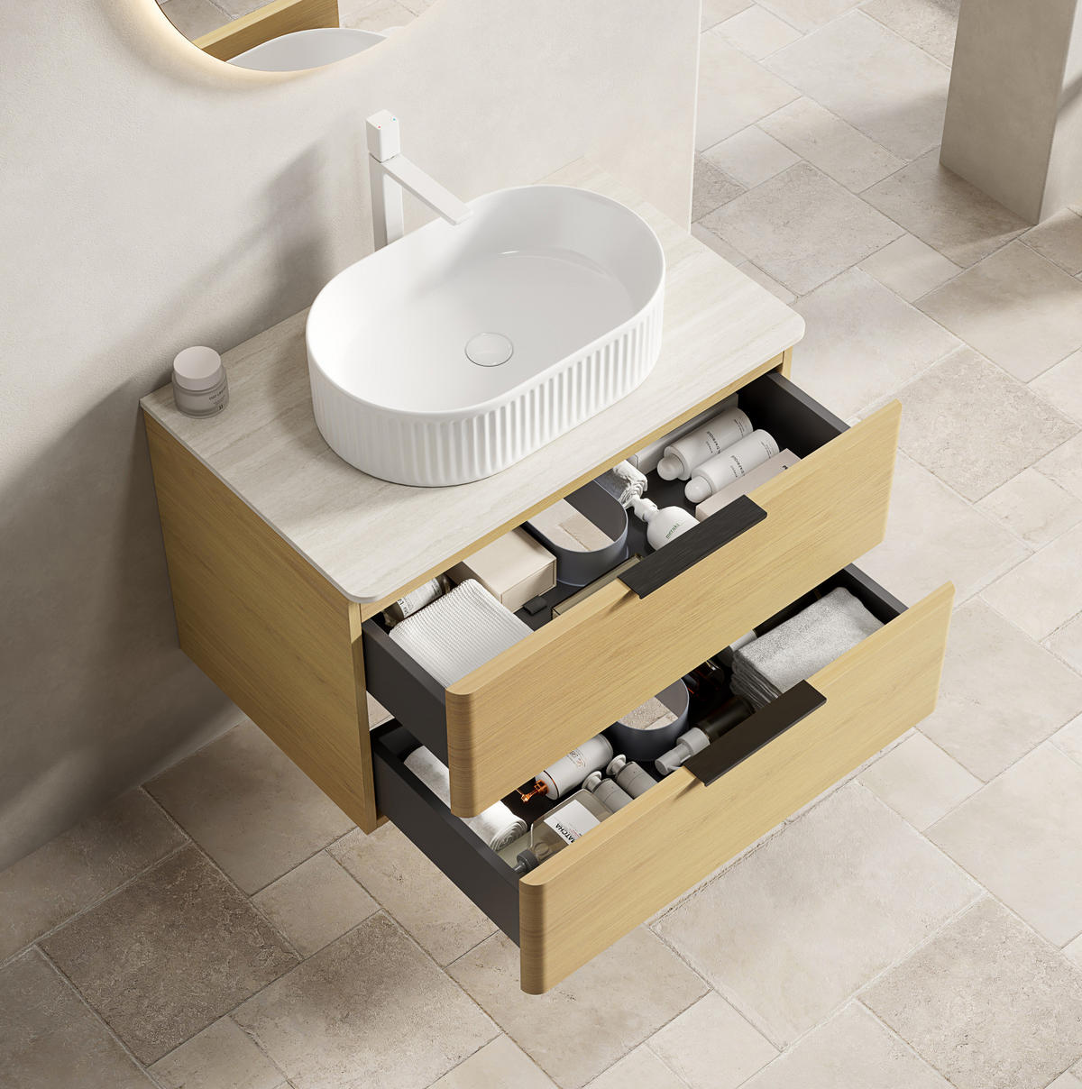 WASCHTISCH mit 2 Schubladen Keramikbecken Sinterstein Beige Oak White - Beige, Holzwerkstoff (46/62.2/75cm) - Beauniv