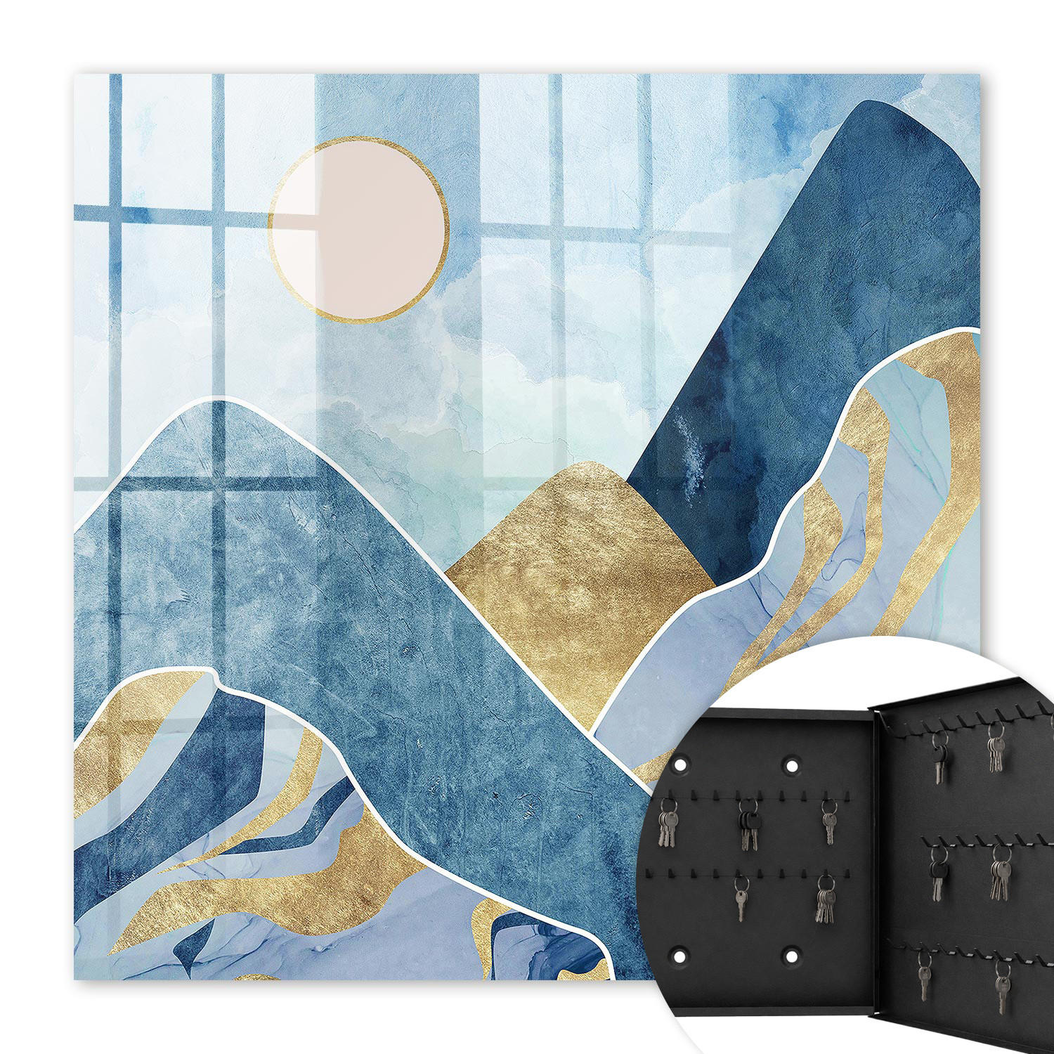 SCHLÜSSELBOX Schwarz 30x30 cm- Türöffnung nach rechts - Berglandschaft - Blau, Metall (30/30/5cm) - TULUP
