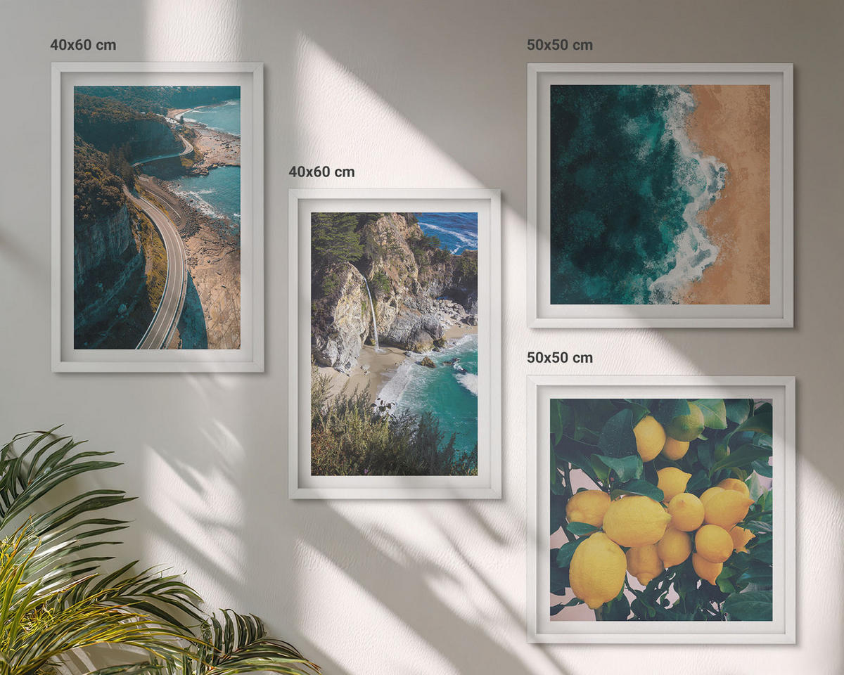 WANDBILDER 4er-Set - 50x50 cm & 40x60 cm Weißer Rahmen - Meerstrand Zitronen Berge - Weiß, Kunststoff (50/50cm) - ArtPrintCave