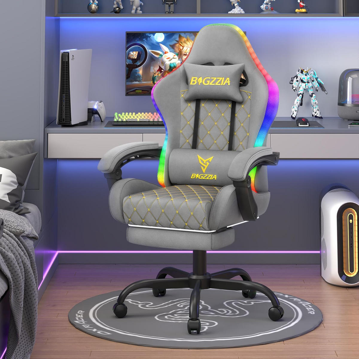 GAMINGSTUHL Grau,mit RGB LED, Ergonomisch, Verstellbar, PU-Leder - Grau, Metall (81/54/26cm) - Rattrix