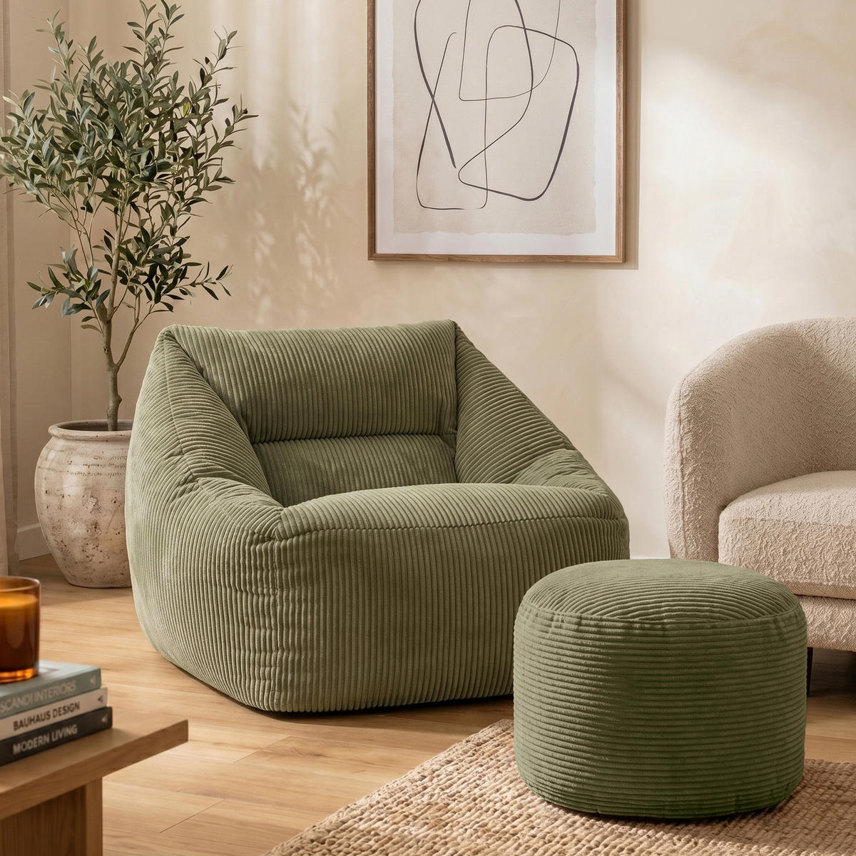 SITZSACK Sessel Natalia + Sitzpouf - Salbeigrün, Textil (100/80/88cm) - icon