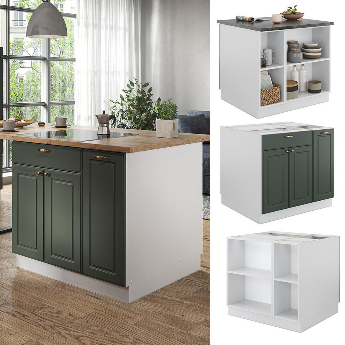 KÜCHENINSEL Fame-Line Grün-Gold Landhaus/Weiß 90 cm mit Schublade ohne AP - Weiß/Grün, Holzwerkstoff (90/82/60cm) - Vicco